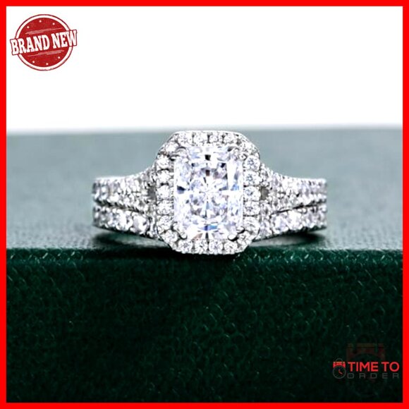 Sterling Silver Split Shank Wedding Set Size 6.5 CZ Halo Ring - Picture 5 of 7